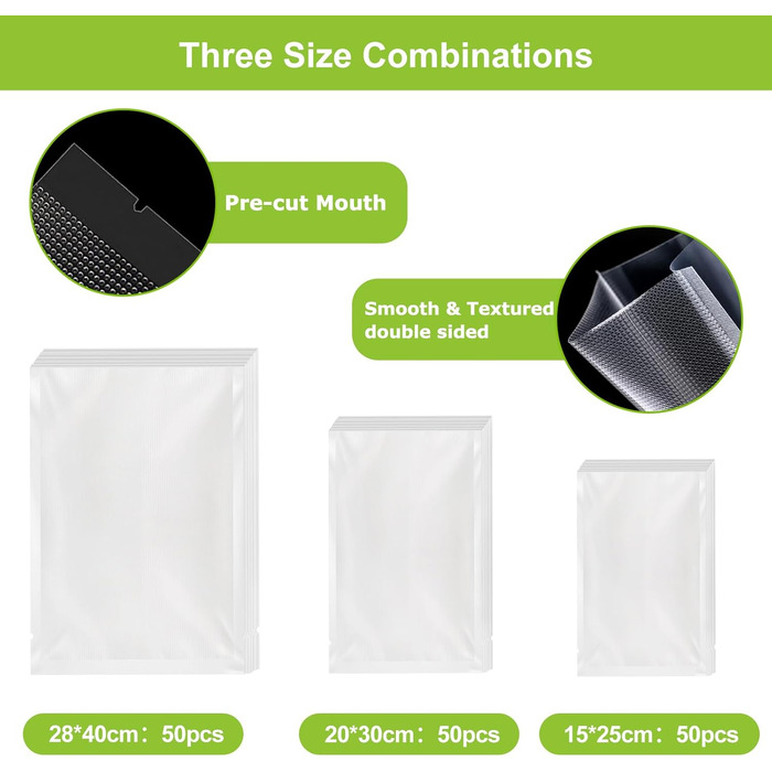 Вакуумні пакети 150 пакетів - 15x25 см (50), 20x30 см (50), 28x40 см (50) Bonsenkitchen