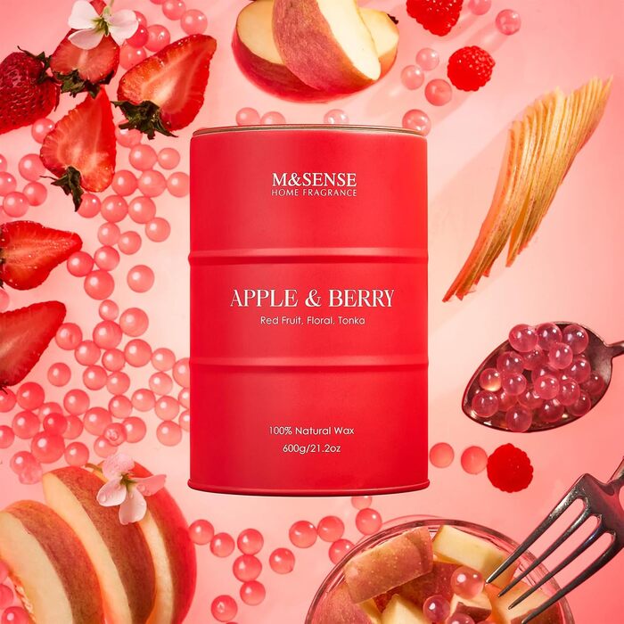 Ароматичні свічки M&SENSE з натурального соєвого воску, натуральна соєва свічка для домашнього декору, тривалий час горіння до 70 годин, класні подарунки зі свічками для чоловіків та жінок (600 г, яблуко-ягідний)