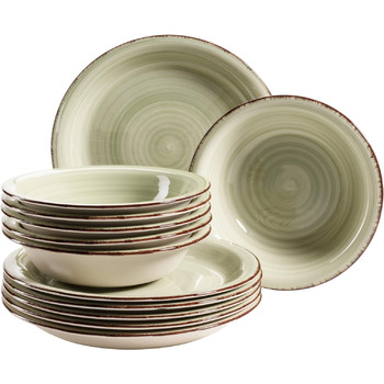 Набір тарілок на 6 осіб у сучасному вінтажному вигляді, обідній сервіз із 12 предметів, ручний розпис, зелений, керамограніт