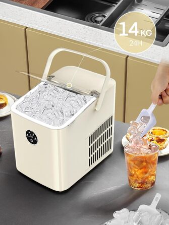 Льодогенератор FOHERE 14 кг 24 години, 8 кубиків льоду за 6 хвилин, 2 розміри кубиків льоду, самоочисний льодогенератор з ручкою, льодосборником та кошиком, льодогенератор для вечірки, офісу, автофургона (білий)