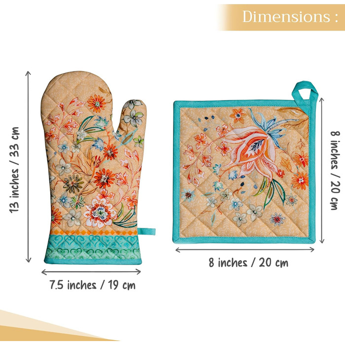 Рукавички для духовки Maison d&39 Hermine, Прихватки для каструль, 100 бавовна, термостійкі кухонні рукавички, рукавички для духовки (19 x 33 см) та прихватки для каструль (20 x 20 см) для приготування їжі, Morzine - Рукавички для духовки (19 x 33 см) та 