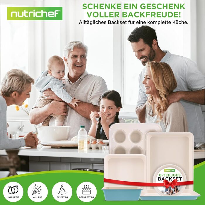 Набір листів для випікання NutriChef із 6 предметів з антипригарним покриттям, прямокутна форма для брауні, піци, печива та тортів, деко для духовки, придатне для миття в посудомийній машині, квадратна сталева форма для торта, лист для тіста (бірюзовий)