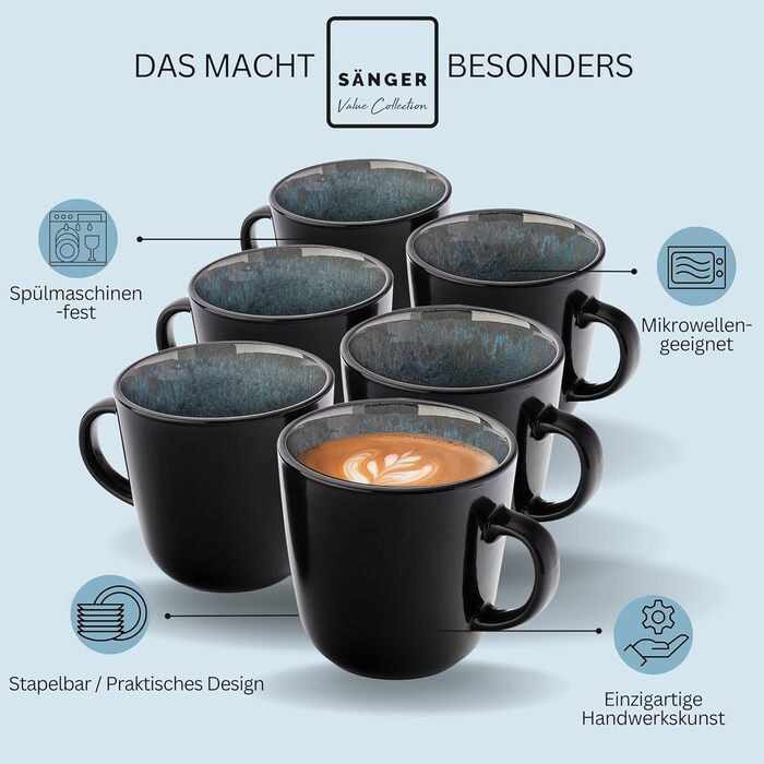 Кам&39яні миски для пасти 6 предметів, набір мисок для пасти на 6 осіб, набір мисок, придатний для миття в посудомийній машині та мікрохвильовій печі, велика багатофункціональна миска темно-сірого кольору 750 мл VALUE COLLECTION (Манільська, кавова кружка