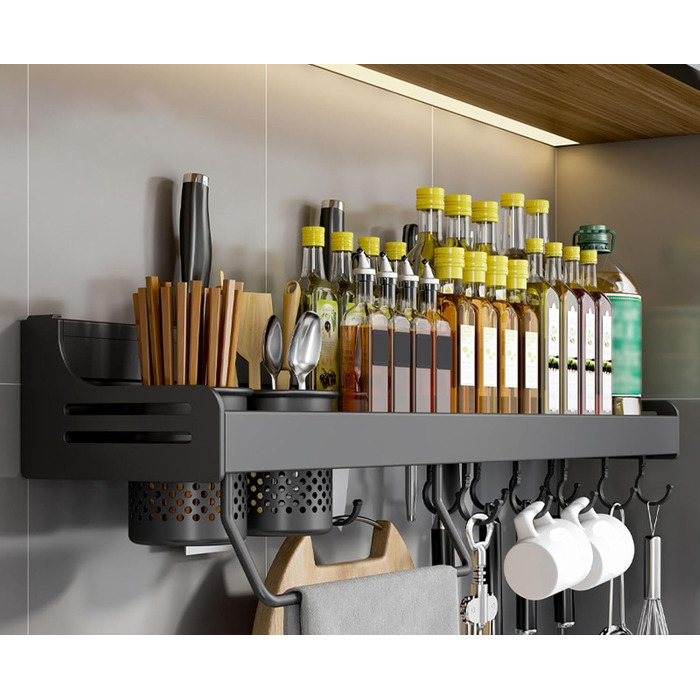 Підвісна підставка для спецій з металу, міцна кухонна полиця, настінна підставка для спецій, органайзер для спецій, кухонний органайзер, підставка для спецій з тримачем для рушників, Daojai, гачки та тримач для столових приборів, сіра, (70 см, чорна)