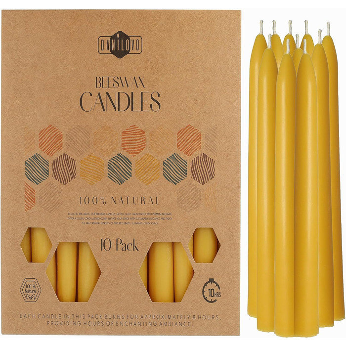 Набір з 10 конічних свічок 2 х 30 см з бджолиного воску, жовтий Danilovo