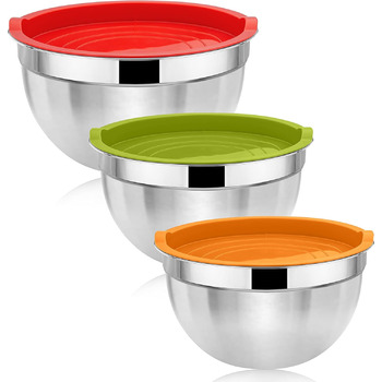 Набір мисок для змішування Herogo з 3 шт. , гніздова миска з нержавіючої сталі з герметичними кришками, металеві миски для подачі салату для запікання, нетоксичні та нержавіючі, придатні для миття в посудомийній машині (4.5/2.7/1.5 QT) (різнокольорові)