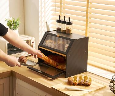 Хлібниця з обробною дошкою з бамбука чорна 39 x 26 x 32,5 см YOUDENOVA