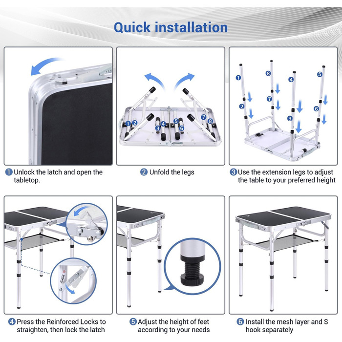 Складаний кемпінговий стіл з 3 рівнями висоти 60 х 40 см чорний Sportneer