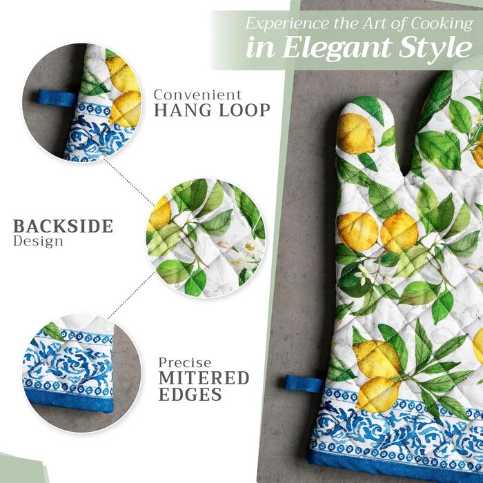 Рукавички для духовки Maison d&39 Hermine, Прихватки для каструль, 100 бавовна, термостійкі кухонні рукавички, рукавички для духовки (19 x 33 см) та прихватки для каструль (20 x 20 см) для приготування їжі, Morzine - Рукавички для духовки (19 x 33 см) та 