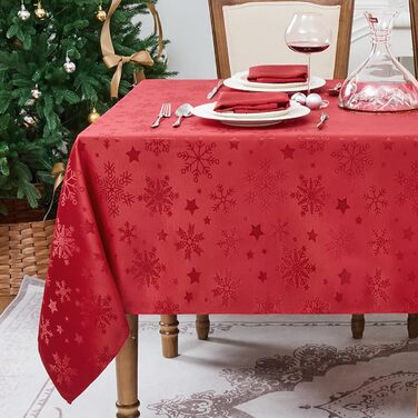 Велика різдвяна скатертина Romanstile, яку можна прати та вона водовідштовхувальна, жакардові зірки та сніжинки, квадратна скатертина XXL для зими, різдвяної прикраси, вечірки, Різдва (140 x 180 см, червона)