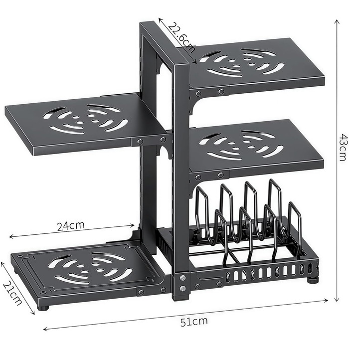 Органайзер для каструль HIMKI для шафи з регульованими відділеннями, тримач для каструль 4/5/7 рівнів, підставка для каструль з тримачем для кришки каструлі для кухонної шафи (5 рівнів, чорний)