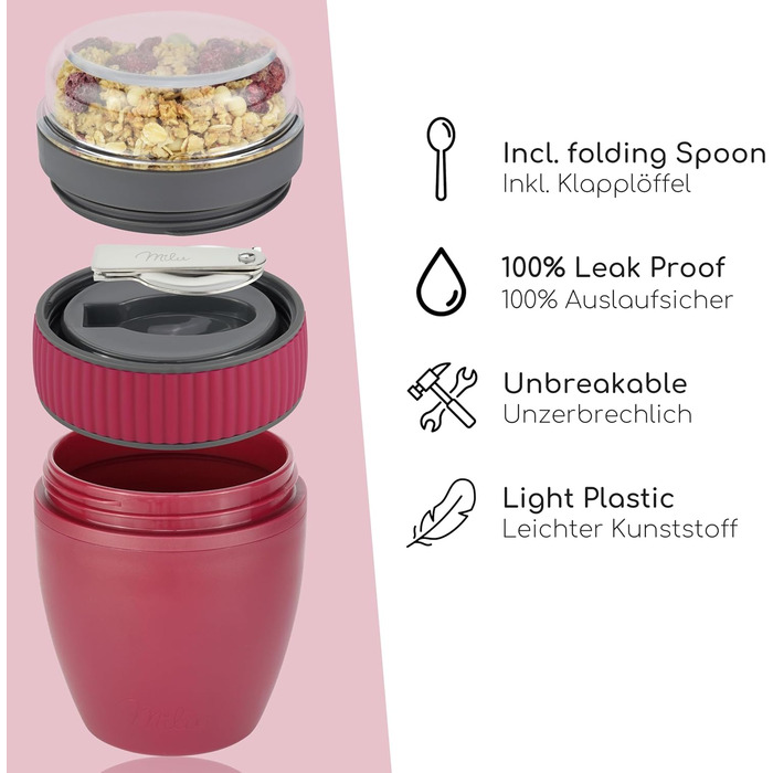 Стаканчик для пластівців Milu 400 мл з назвою MsliMax для йогурту герметичний стаканчик з ложкою (ягідний, пластиковий)