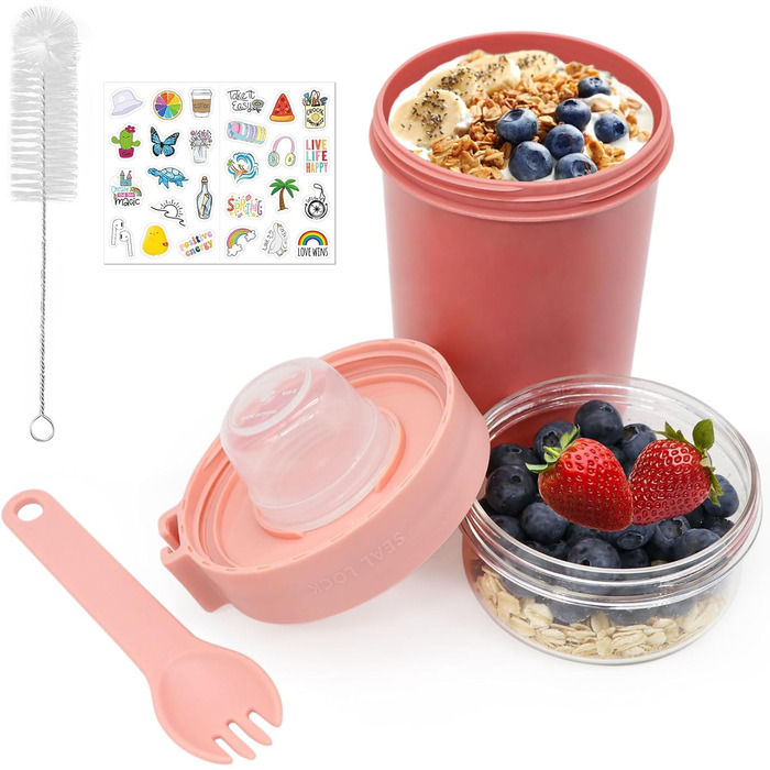 Стаканчик для пластівців 870 мл з ложкою та щіточкою, рожевий Forbabe