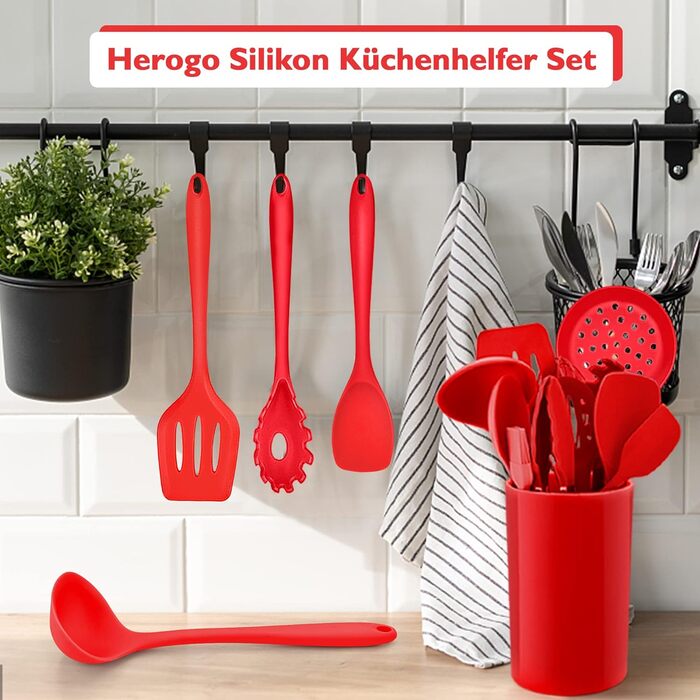 Набор кухонных гаджетов Herogo, набор силиконовой кухонной утвари из 22 предметов с держателем для посуды, термостойкие кухонные столовые приборы Кухонная утварь, здоровая и антипригарная, можно мыть в посудомоечной машине, (красный)