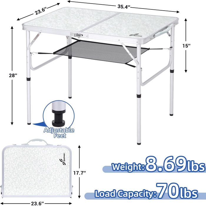 Складаний кемпінговий стіл з 2 рівнями висоти 90 х 60 см білий Sportneer