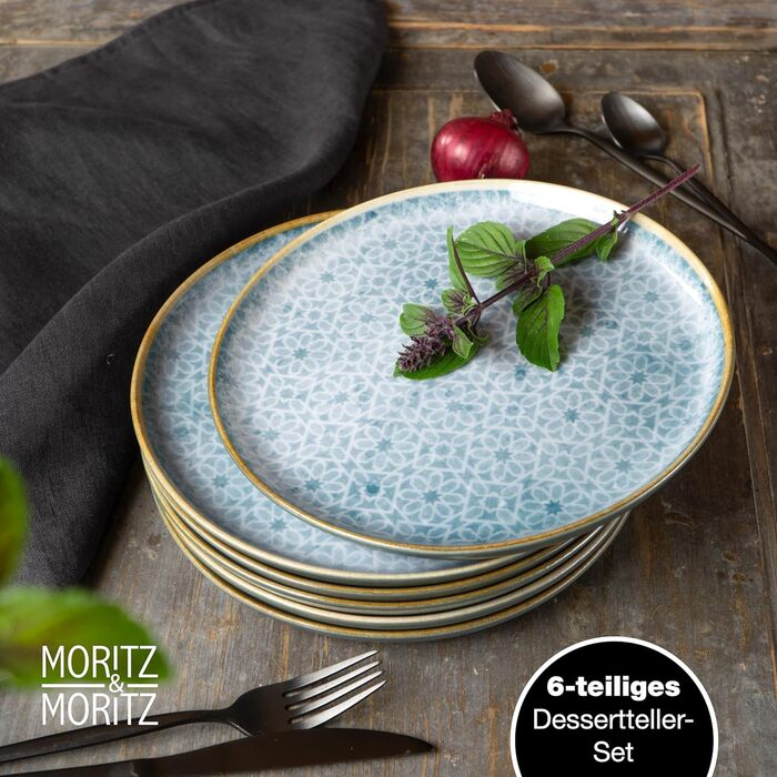 Набір посуду Moritz & Moritz TERRA з 18 предметів 6 осіб набір тарілок яскраво-синього кольору з високоякісної порцеляни столовий посуд 6 обідніх тарілок, десертних тарілок і мисок кожна (6 маленьких тарілок)