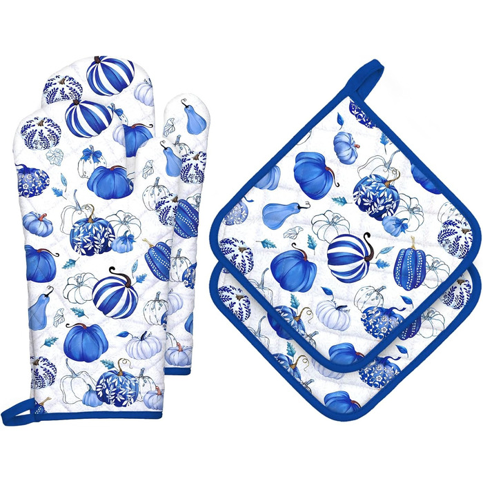 Набір з 2 різдвяних рукавиць для духовки та підставки для каструль Arquiel, 100 бавовняні кулінарні рукавички, термостійкі кухонні рукавички для приготування їжі, різдвяні подарунки для декору кухні для жінок (синій гарбуз, рукавиця для духовки*2 підставк