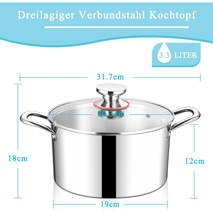 Каструля 3,3 л з нержавіючої сталі зі скляною кришкою 20 см HaWare