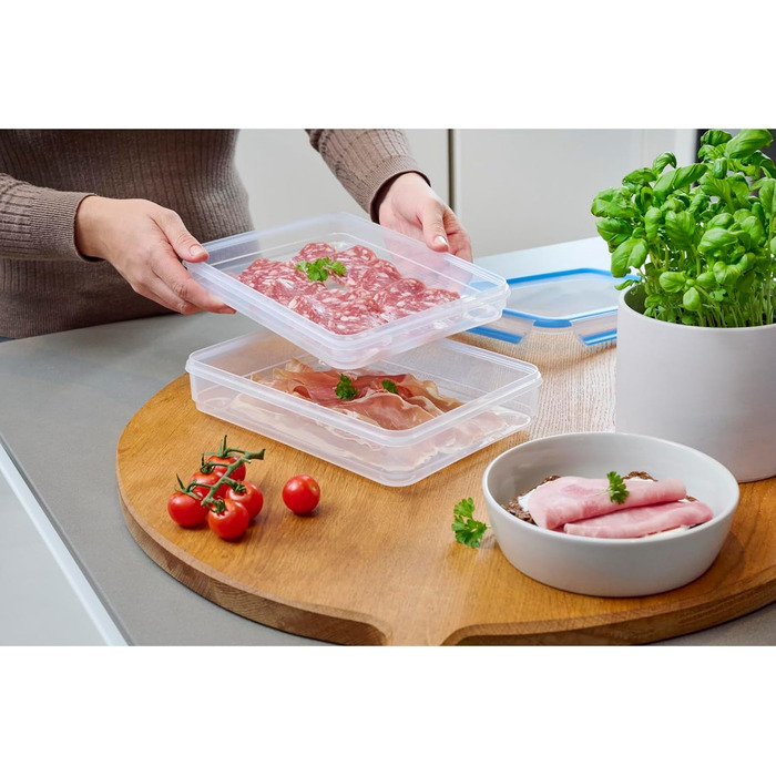 Набір контейнерів для зберігання харчових продуктів EMSA Clip & Close, прямокутні, 5 x 0,8 л, коробки для зберігання, 100 герметичні, придатні для миття в посудомийній машині, морозильної камери та мікрохвильової печі, прозорі, сині, зроблені в Німеччині,