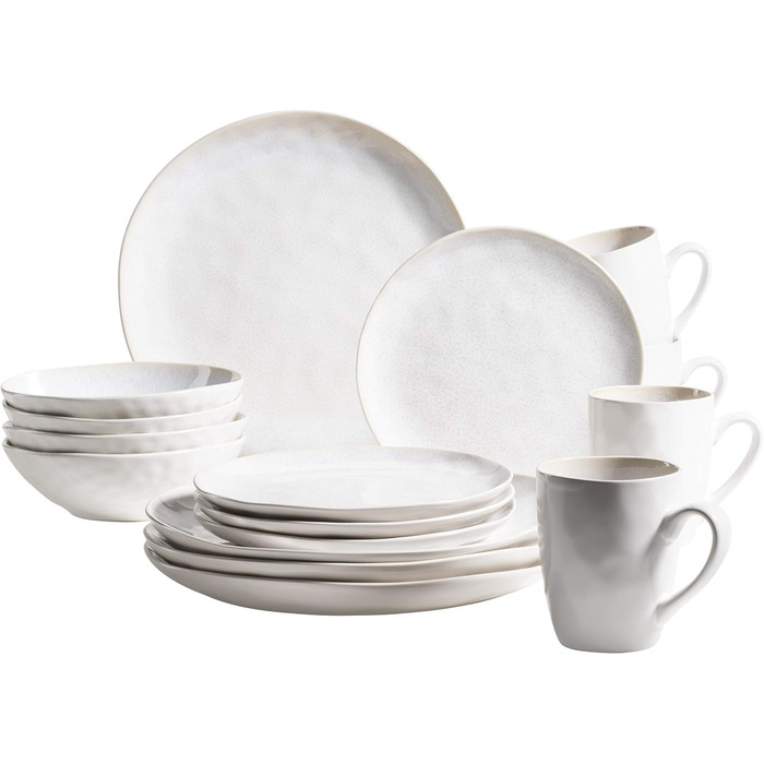 Серия MSER Frozen, Набор керамической посуды на 4 персоны, Комбинированный сервиз из 16 предметов с органическими формами, Сервиз с цветными крапинками, Керамогранит, Белый