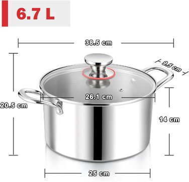 Каструля 6,7 л з нержавіючої сталі зі скляною кришкою 26 см Herogo