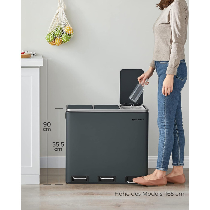 Кухонний контейнер для сміття SONGMICS, 3 x 18 л, система розділення сміття з 3 відділеннями, включаючи 15 мішків для сміття, відро для сміття, відро для сміття на педалі, для перероблених відходів, органічних відходів, з кришкою, LTB54BK (зелено-сірий)