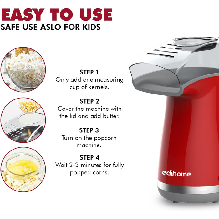 Електрична машина для попкорну 1200 Вт, червоний Edihome