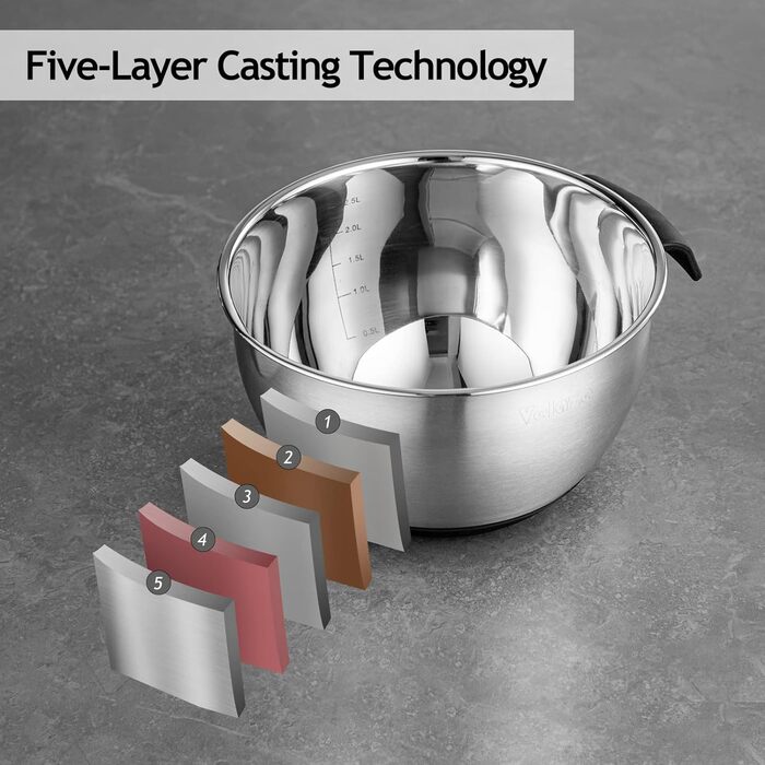 Набір мисок з нержавіючої сталі, 5 предметів з кришкою, миска для змішування з 3 терками, 5 л 3 л 2 л 1,5 л 1,5 л 1 л Velaze