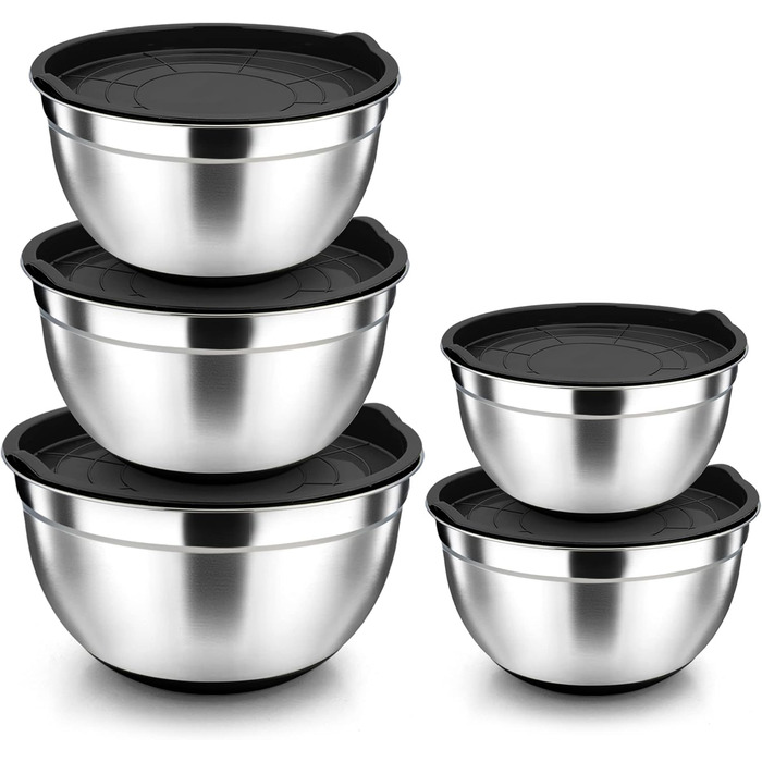 Миска для змішування Herogo, набір салатниць з нержавіючої сталі з 5 предметів із чорною кришкою та нековзною силіконовою основою, набір металевих мисок для випічки, нержавіючої та посудомийної машини (4.5/2.7/1.5/1.2/0.7 л) Чорний 5