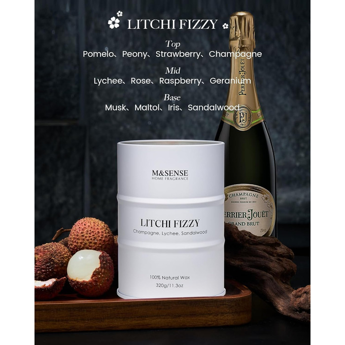 Ароматичні свічки M&SENSE з натурального соєвого воску, натуральна соєва свічка для домашнього декору, тривалий час горіння до 70 годин, класні подарунки для чоловіків та жінок (320 г, лічі, шипучі)