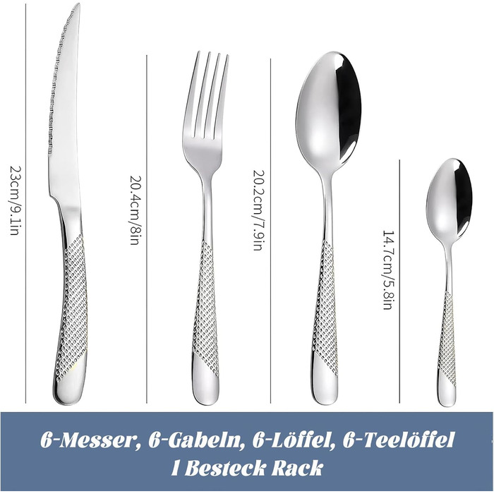 Набор столовых приборов на 6 человек, 24 предмета с держателем, серебристые AVEKI