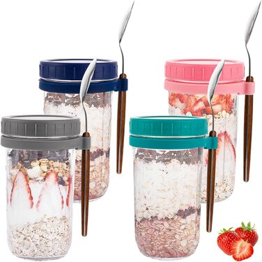 Упаковка з 4 банок для вівсянки на ніч 600 мл, скляний стаканчик для пластівців з кришкою та ложкою, контейнер для вівсянки на ніч, банки для мюслі, каші на ніч