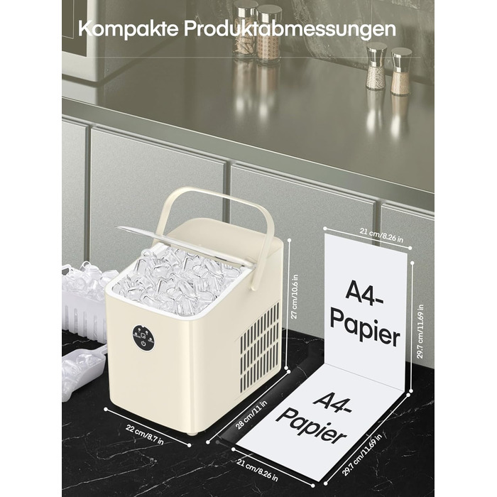 Льодогенератор FOHERE 14 кг 24 години, 8 кубиків льоду за 6 хвилин, 2 розміри кубиків льоду, самоочисний льодогенератор з ручкою, льодосборником та кошиком, льодогенератор для вечірки, офісу, автофургона (білий)