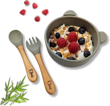 Набір дитячого посуду з гравіюванням імені - виделка, ложка і миска, індивідуальні подарунки для малюків від 1 року, хлопчика або дівчинки, від 12 місяців (набір без нагрудника) (сірий)