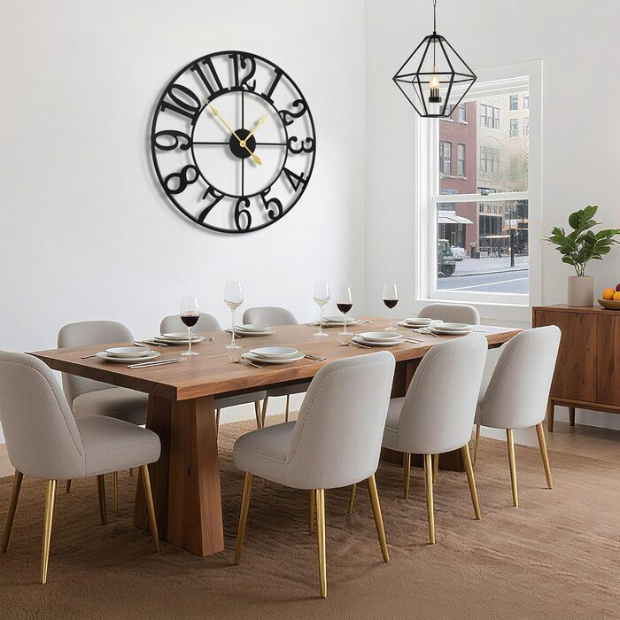 Великий круглий металевий настінний годинник у вінтажному стилі з безшумним нецокаючим годинником на батарейках 40 см, 16-дюймові римські цифри, годинники для вітальні, спальні, кухні, настінний годинник-прикраса (чорні арабські цифри, 80 см)