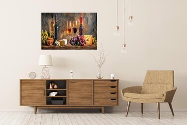 Полотно з друком сільського натюрморту з пляшками вина, келихами, виноградом, сиром, хлібом на дерев&39яному столі, картини, настінний художній постер (постер 90x60 см)