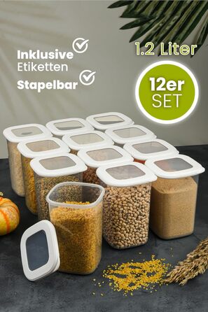 Банки для хранения с герметичными крышками Набор из 24 контейнеров для хранения БЕЗ БИСФЕНОЛА А Для мюсли, хранения муки и сахара Практичный кухонный ящик для хранения всех продуктов (набор из 12 белых 1200 мл)