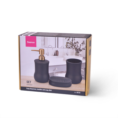 Дозатор рідкого мила Fissman 300 мл, стакан 400мл і мильниця в наборі (9510)