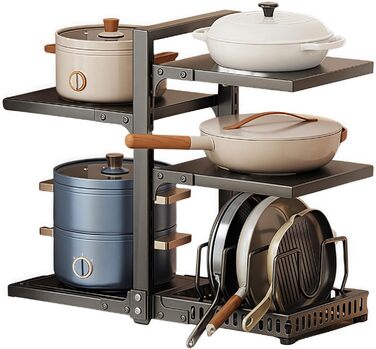 Органайзер для каструль HIMKI для шафи з регульованими відділеннями, тримач для каструль 4/5/7 рівнів, підставка для каструль з тримачем для кришки каструлі для кухонної шафи (5 рівнів, чорний)