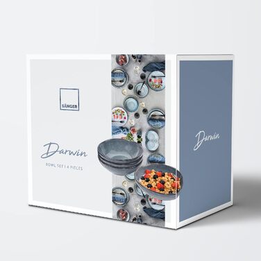 СПІВАЧКА Столовий сервіз Darwin 12 шт. , набір фаянсового посуду 4 персони, набір тарілок синього кольору в т.ч. обідня тарілка десертна тарілка & глибокі тарілки, столовий посуд, набір посуду ручної роботи (миски 4 шт.)