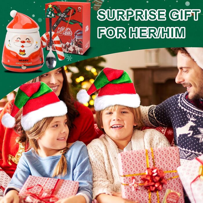 Милі кухлі Санта-Клауса ZONSUSE, кухоль з Різдвом Христовим, 3D різдвяна кружка, з ручками у формі цукерок та ложкою у формі ялинки, ідеї різдвяних подарунків для жінок та чоловіків 400 мл (A-зелений) (A-червоний)