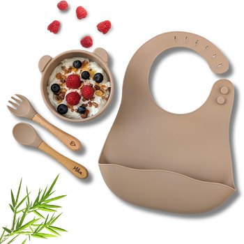 Набір дитячого посуду з гравіюванням імені - виделка, ложка і миска, індивідуальні подарунки для малюків від 1 року, хлопчика чи дівчинки, від 12 місяців (набір без нагрудника) (набір з нагрудником)