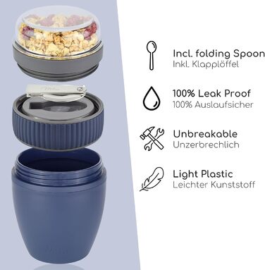 Стаканчик для пластівців Milu 400 мл з назвою MsliMax для йогурту герметичний стаканчик з ложкою (темно-синій, пластиковий)