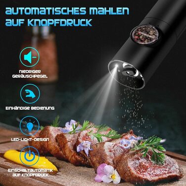 Млин для солі та перцю електричний із зарядною базою, 2 предмети, чорний MILFECH