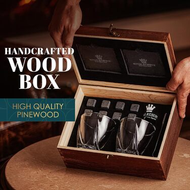 Подарунковий набір для віскі, келихи для віскі, каміння, щипці для льоду, підставки, дерев'яна скриня, оксамитовий мішечок Royal Reserve