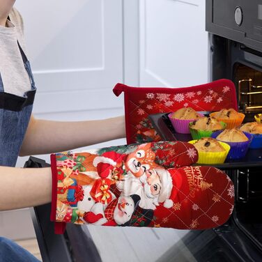 Набір з 2 різдвяних рукавичок для духовки та прихваток Arquiel, 100 бавовняні кулінарні рукавички, термостійкі кухонні рукавички для приготування їжі, різдвяні подарунки для жінок (Санта Клаус, рукавички для духовки*2 прихватки*2)