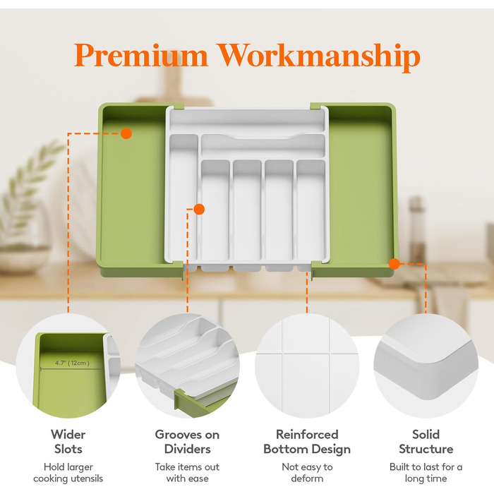 Органайзер для столових приборів 57 х 38 см для шухляд, 9 відділень, зелений і білий Lifewit
