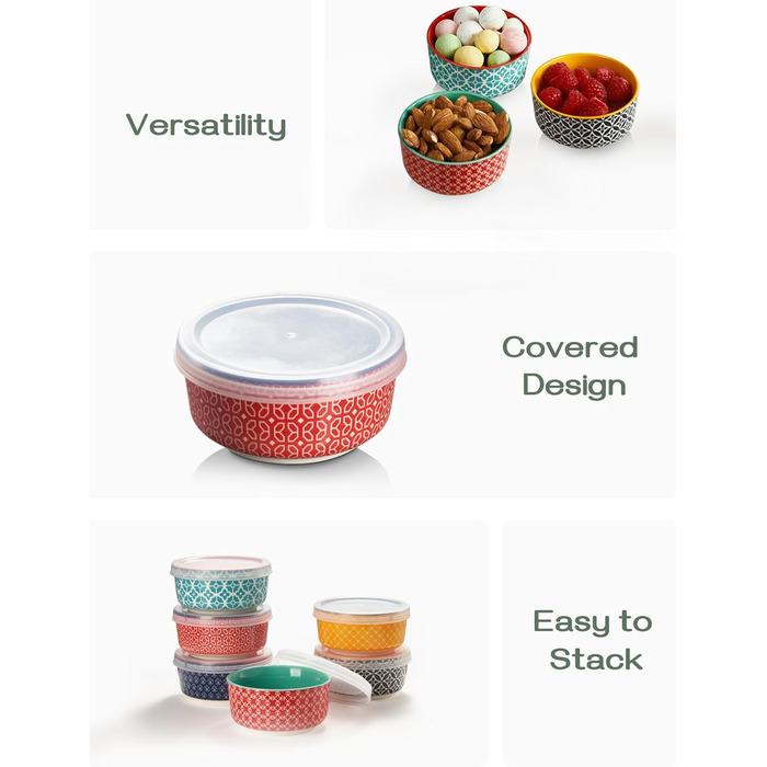 Порцелянові миски DOWAN, набір десертних мисок 176 мл з 6 шт. з кришкою - штабельована миска для соусу, закусок, десерту, тапас, крем-брюле Різнокольорові, придатні для миски в посудомийній машині та мікрохвильовій печі