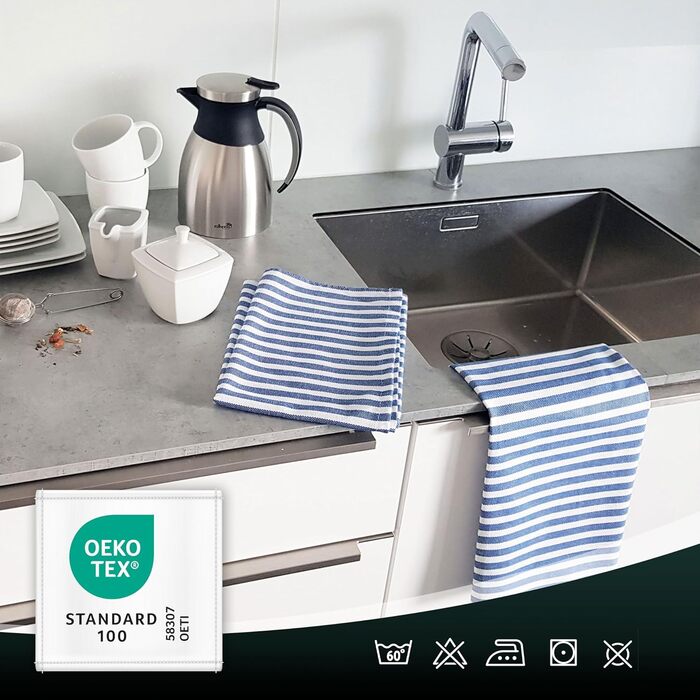 Набір кухонних рушників ZOLLNER із 5 бавовняних рушників 50x70 см вбираючі та міцні кухонні рушники можна прати до 60C у смужку якість для громадського харчування сертифіковано Oeko-Tex (синій)