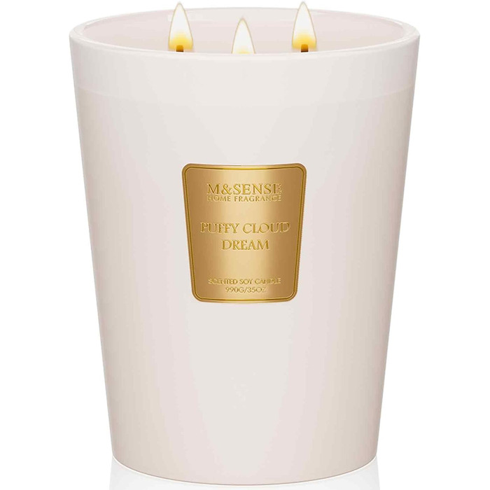 Ароматична свічка M&SENSE надзвичайно велика, час горіння 150 годин, натуральна ароматерапевтична свічка з 3 гнітами, сильний аромат, тривале горіння, подарункова свічка та прикраса для дому, подарунки для жінок (990 г, пухнаста хмаринка мрії)